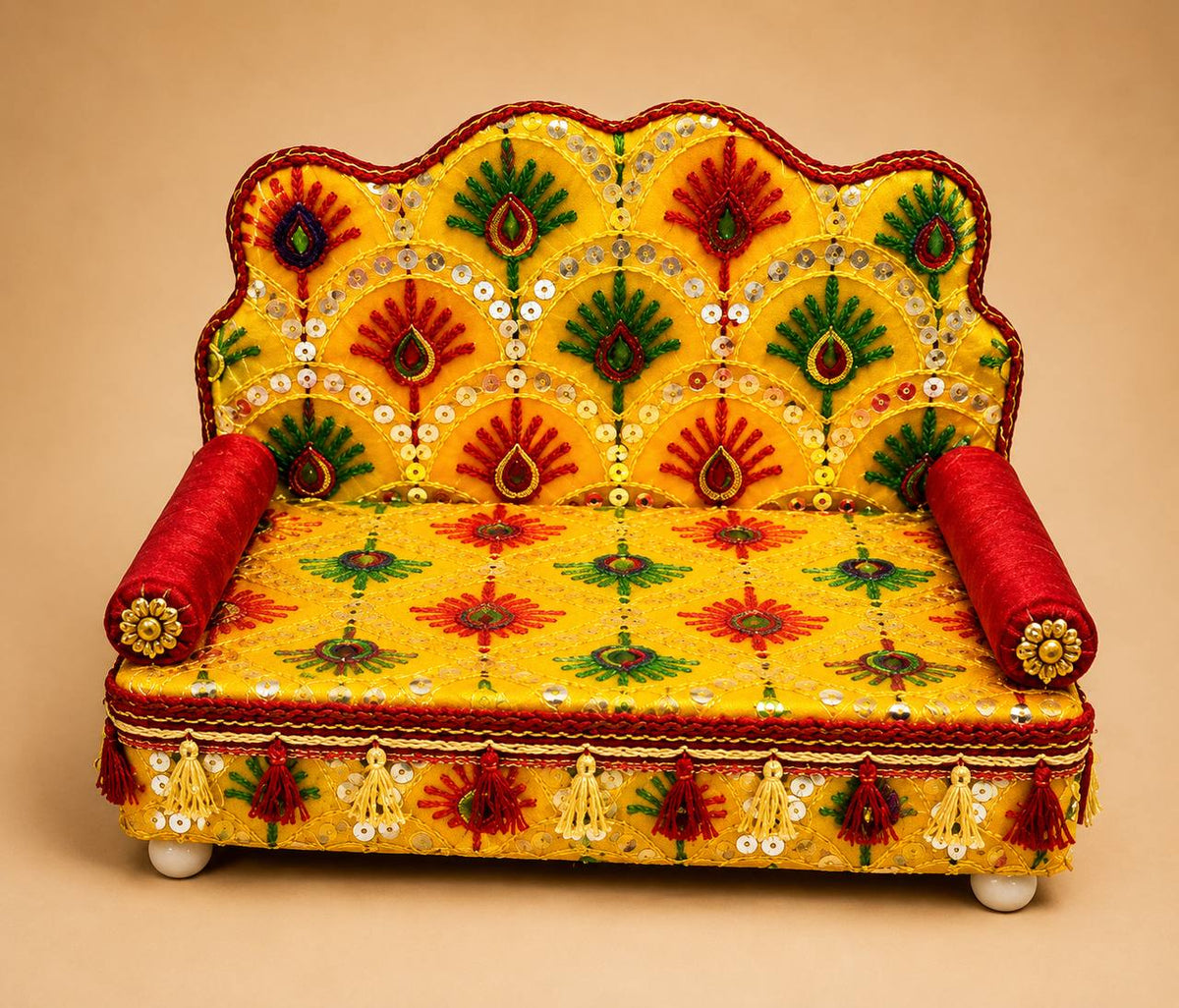 Laddu Gopal Box Sofa Singhasan Yellow Embroidered Kanha Ji Seat
