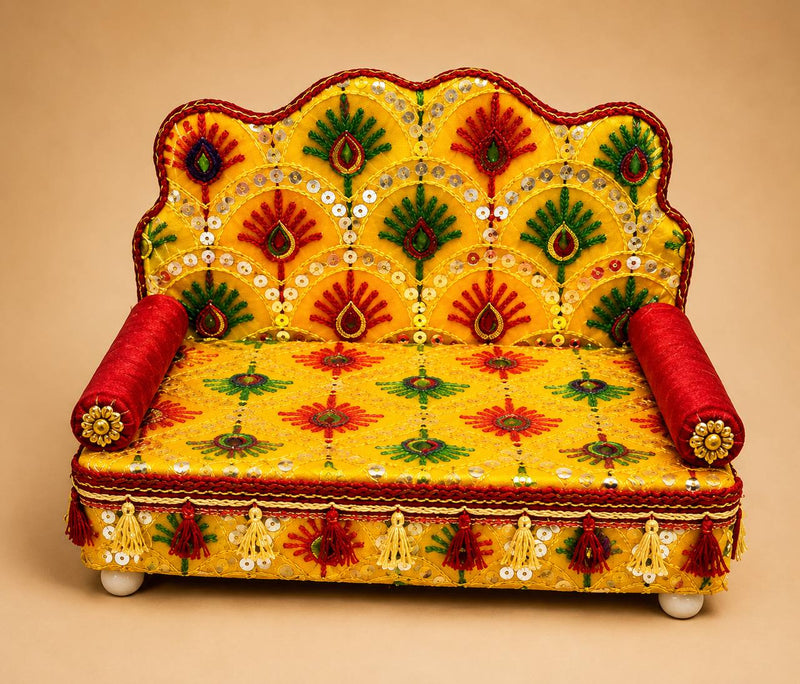 Laddu Gopal Box Sofa Singhasan Yellow Embroidered Kanha Ji Seat